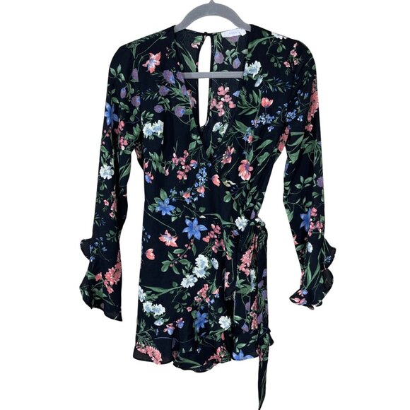 Lush Romper Black Floral Long Sleeve Keyhole Opening XS Extra Small Lightweight - Picture 3 of 8